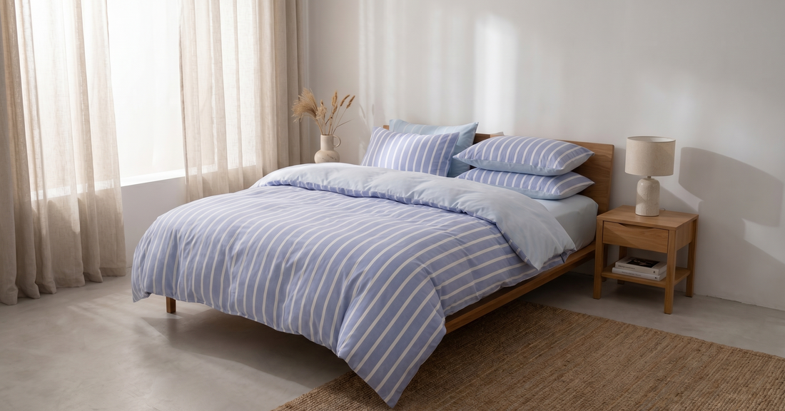 Soleil Stripe Set | Washed Cotton Duvet Cover, Soft Breathable Wide Stripe Bedding Set