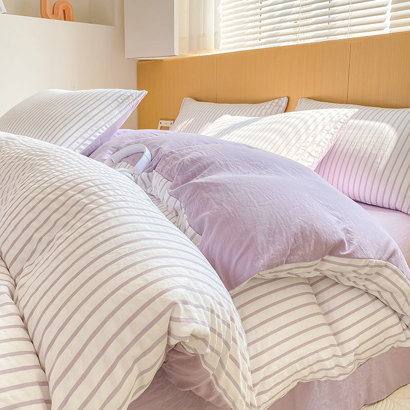 Soleil Stripe Set | Washed Cotton Duvet Cover - Soft Breathable Wide Stripe Bedding Set