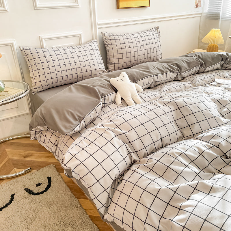 Washed Cotton 4 Piece Summer Bedding Set - Breathable Japanese Style Duvet Cover Set with Button Closure