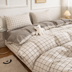 Washed Cotton 4 Piece Summer Bedding Set - Breathable Japanese Style Duvet Cover Set with Button Closure