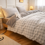 Washed Cotton 4 Piece Summer Bedding Set - Breathable Japanese Style Duvet Cover Set with Button Closure