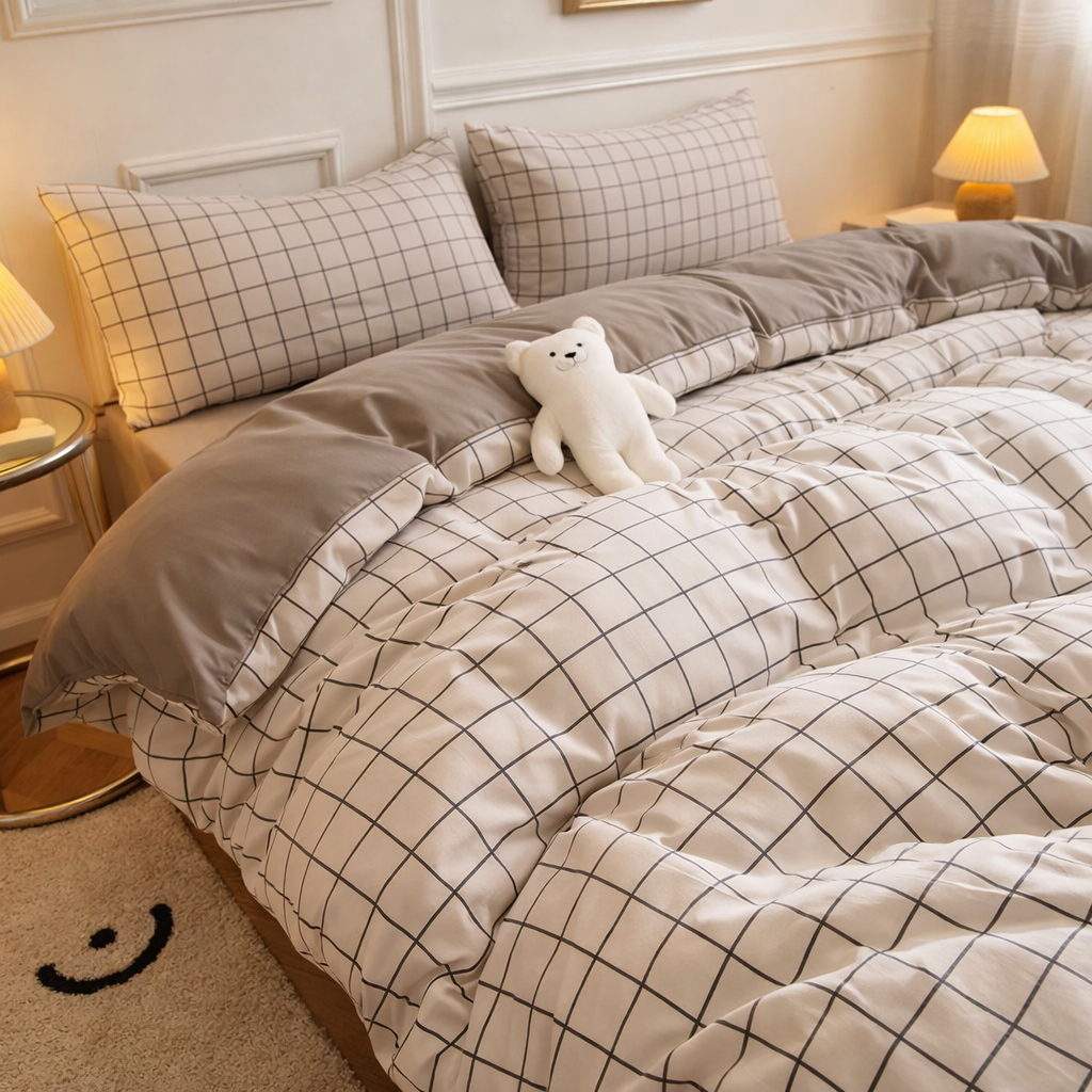 Washed Cotton 4 Piece Summer Bedding Set - Breathable Japanese Style Duvet Cover Set with Button Closure