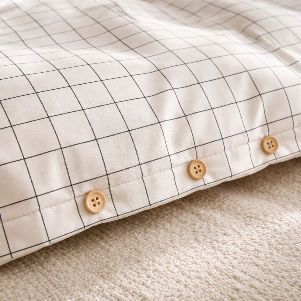 Washed Cotton 4 Piece Summer Bedding Set - Breathable Japanese Style Duvet Cover Set with Button Closure