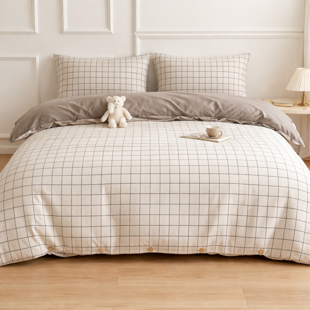 Washed Cotton 4 Piece Summer Bedding Set - Breathable Japanese Style Duvet Cover Set with Button Closure