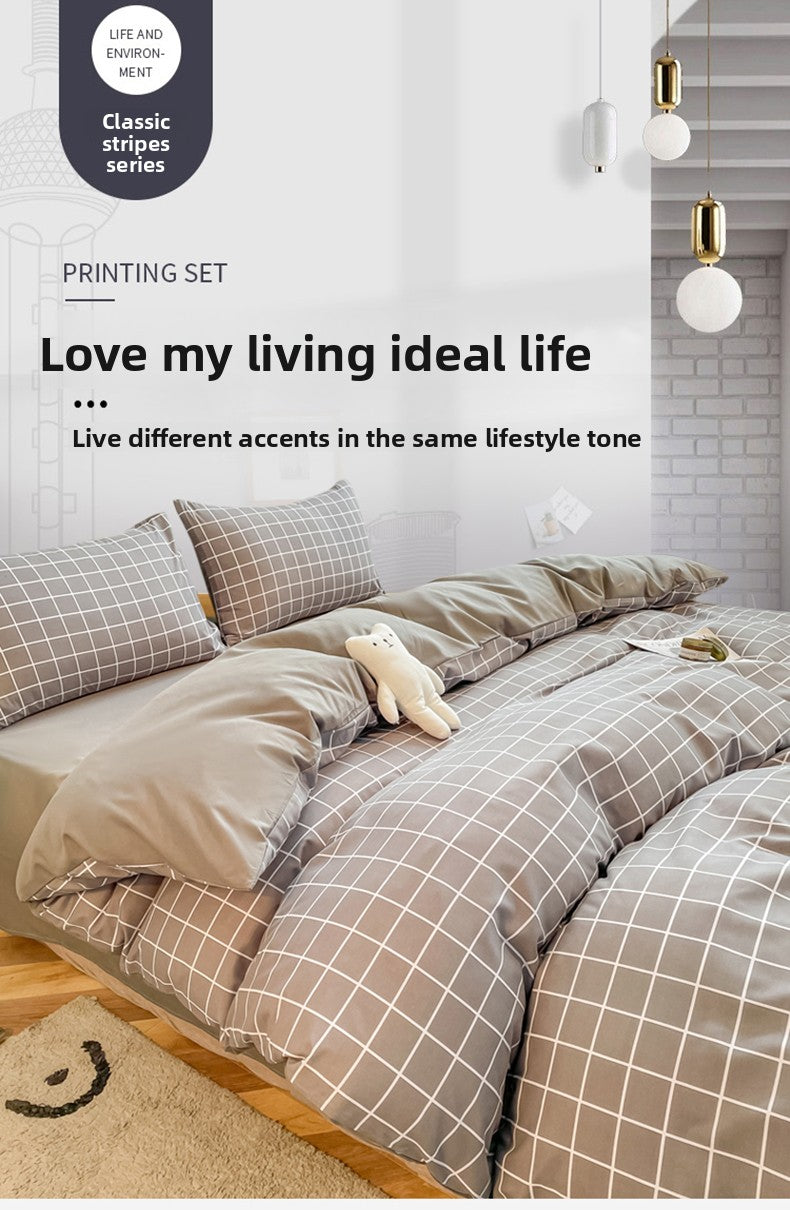 Washed Cotton 4 Piece Summer Bedding Set - Breathable Japanese Style Duvet Cover Set with Button Closure