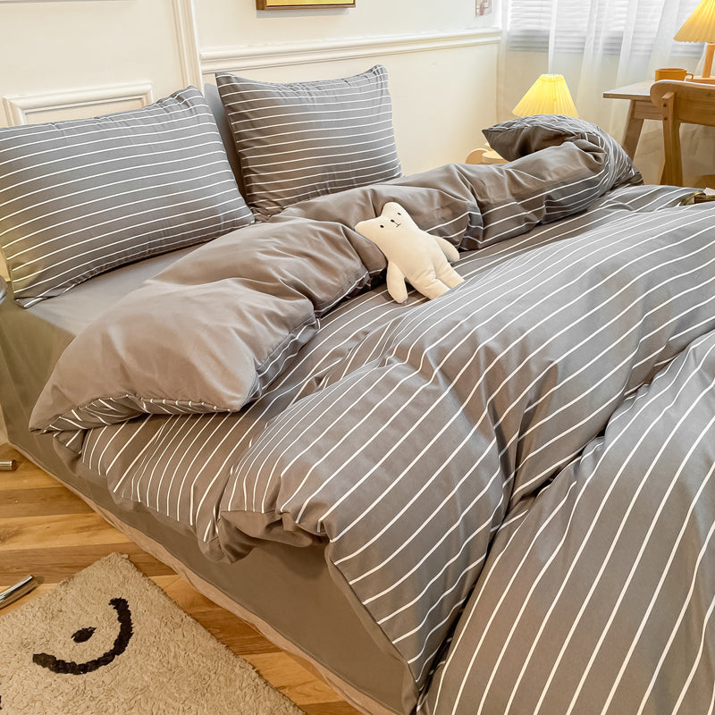 Washed Cotton 4 Piece Summer Bedding Set - Breathable Japanese Style Duvet Cover Set with Button Closure