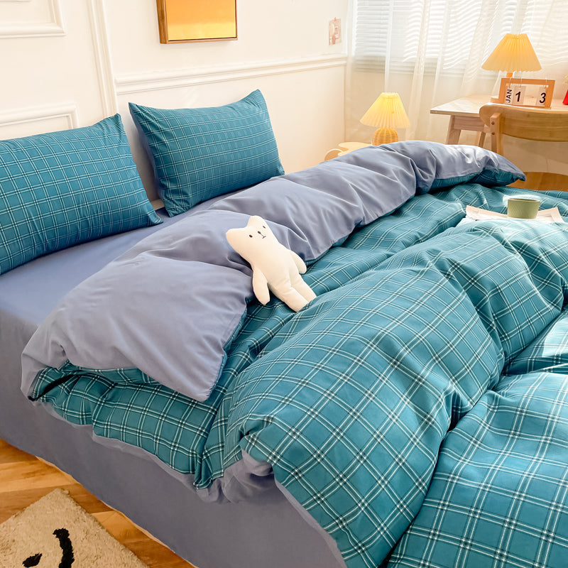 Washed Cotton 4 Piece Summer Bedding Set - Breathable Japanese Style Duvet Cover Set with Button Closure