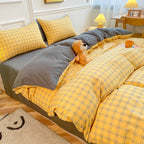 Washed Cotton 4 Piece Summer Bedding Set - Breathable Japanese Style Duvet Cover Set with Button Closure