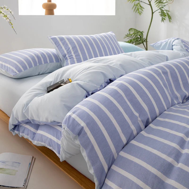 Wide Striped Washed Cotton Bedding Set - Soft Breathable Comfort Set