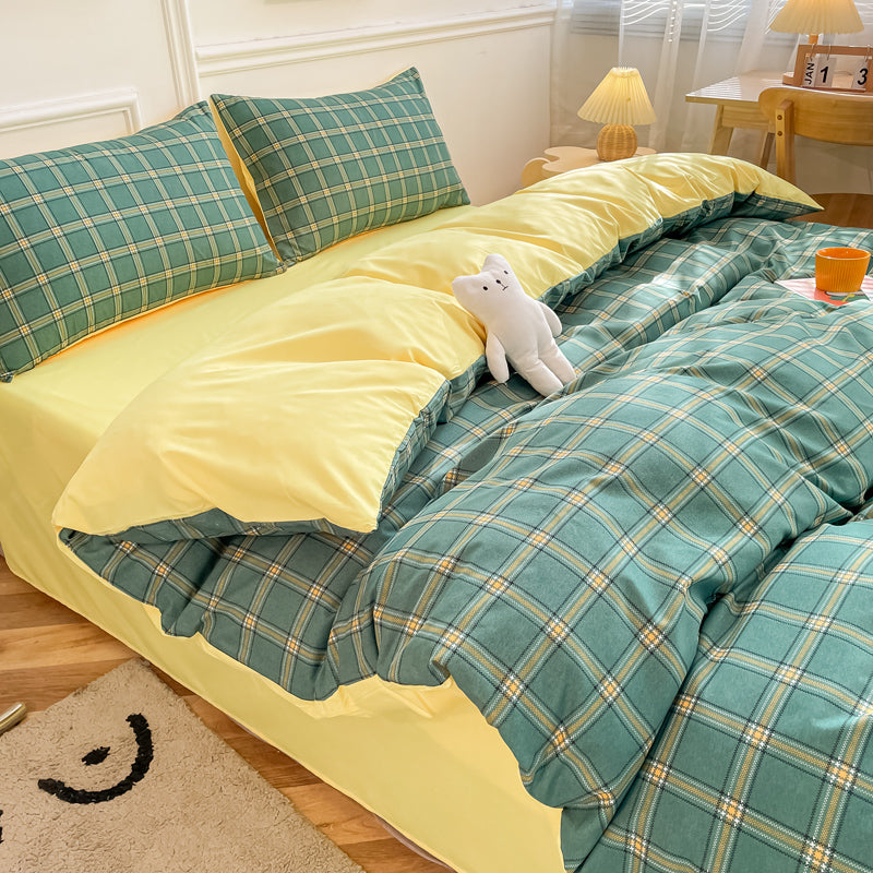 Washed Cotton 4 Piece Summer Bedding Set - Breathable Japanese Style Duvet Cover Set with Button Closure