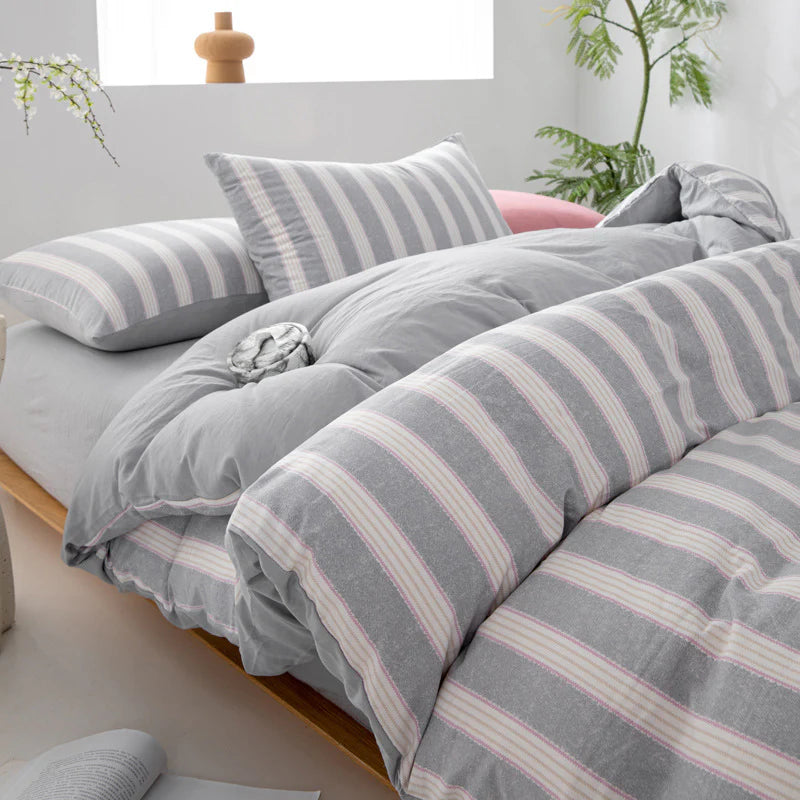 Wide Striped Washed Cotton Bedding Set - Soft Breathable Comfort Set