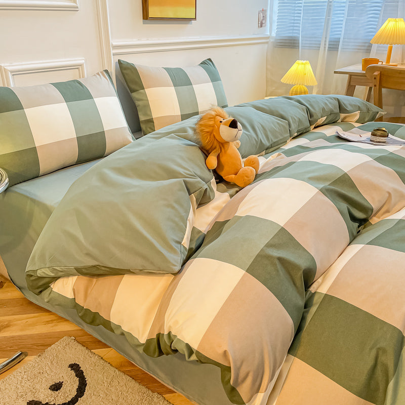 Washed Cotton 4 Piece Summer Bedding Set - Breathable Japanese Style Duvet Cover Set with Button Closure