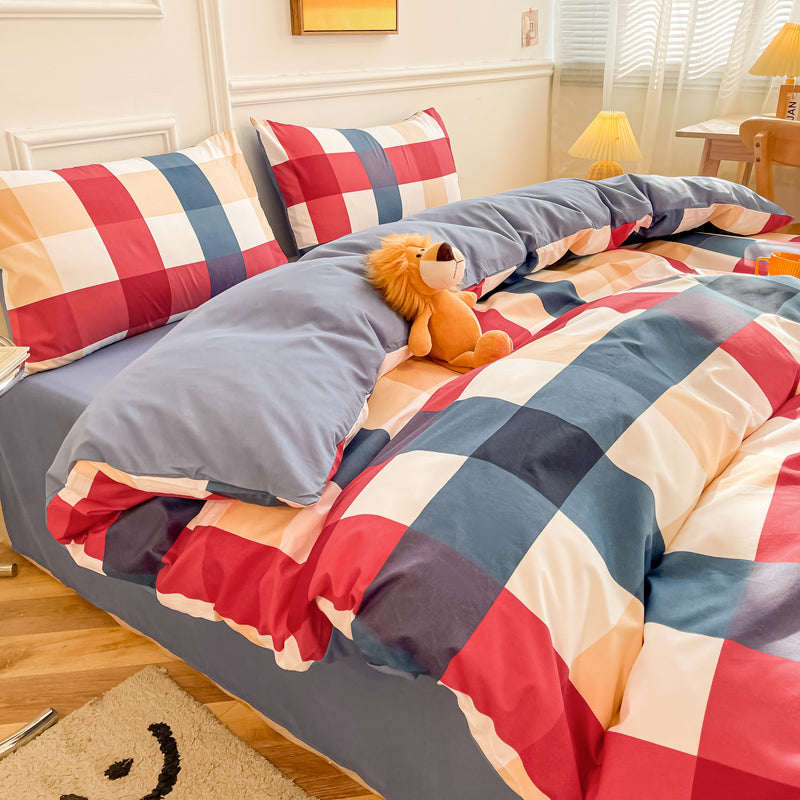 Washed Cotton 4 Piece Summer Bedding Set - Breathable Japanese Style Duvet Cover Set with Button Closure