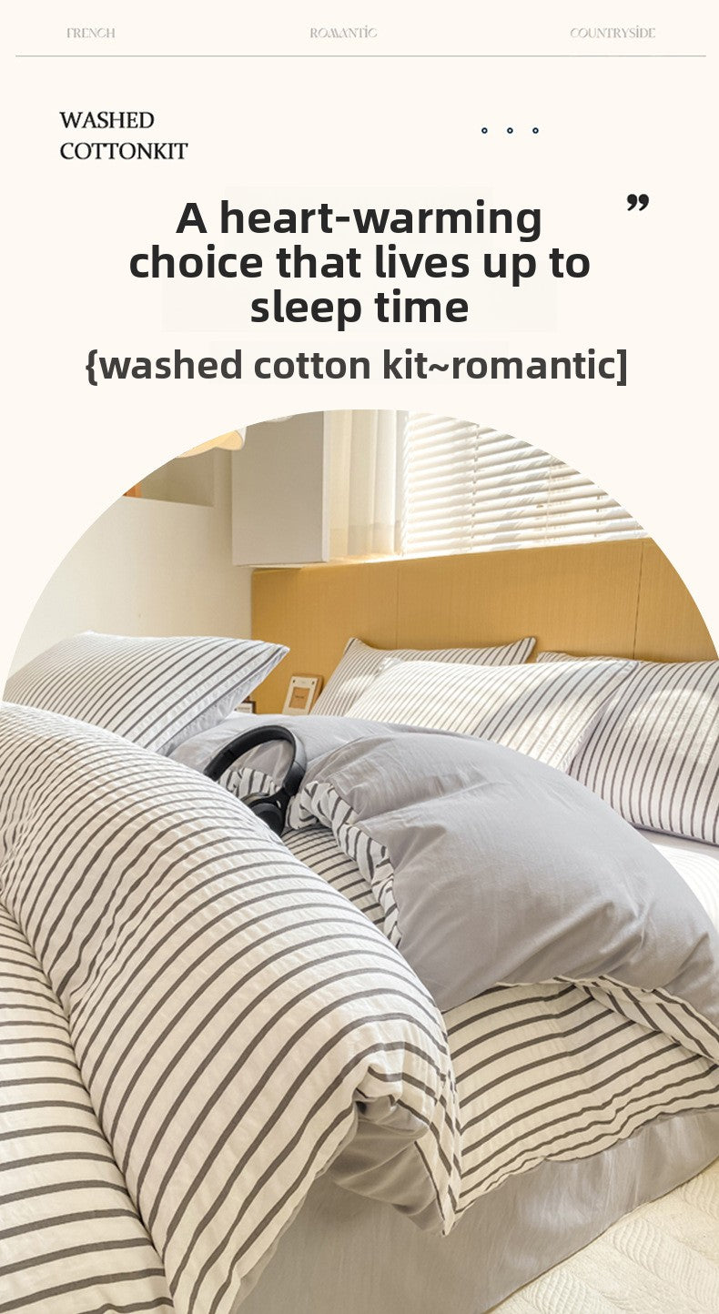Striped Washed Cotton Bedding Set - Soft Breathable Comfort Set
