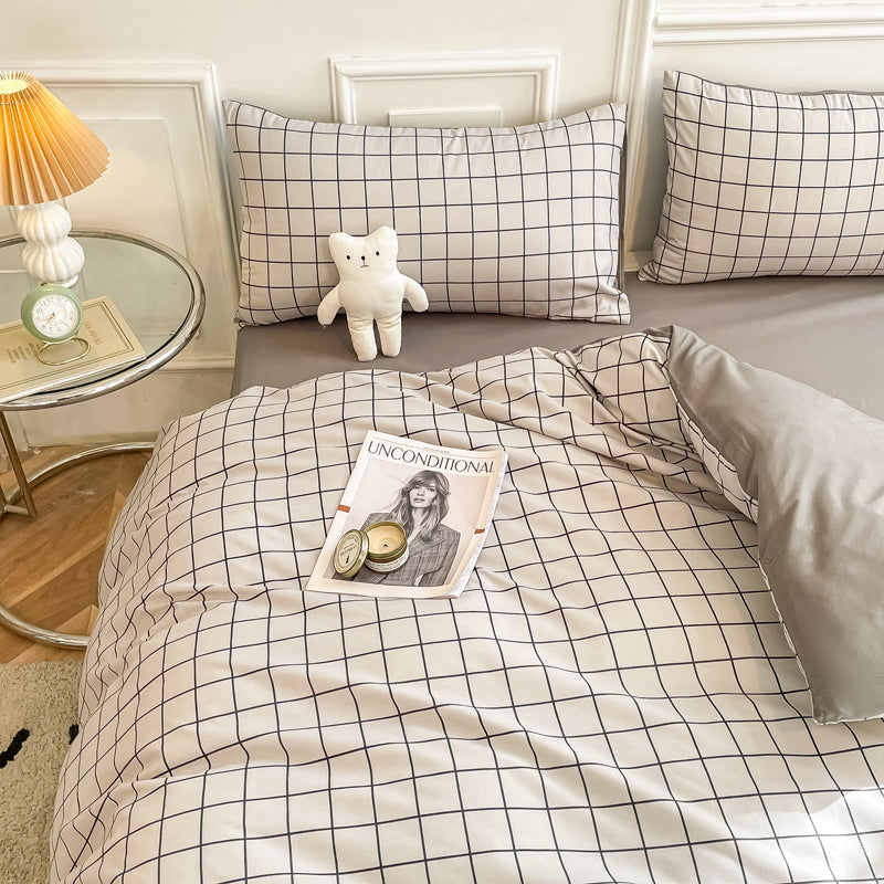 Washed Cotton 4 Piece Summer Bedding Set - Breathable Japanese Style Duvet Cover Set with Button Closure