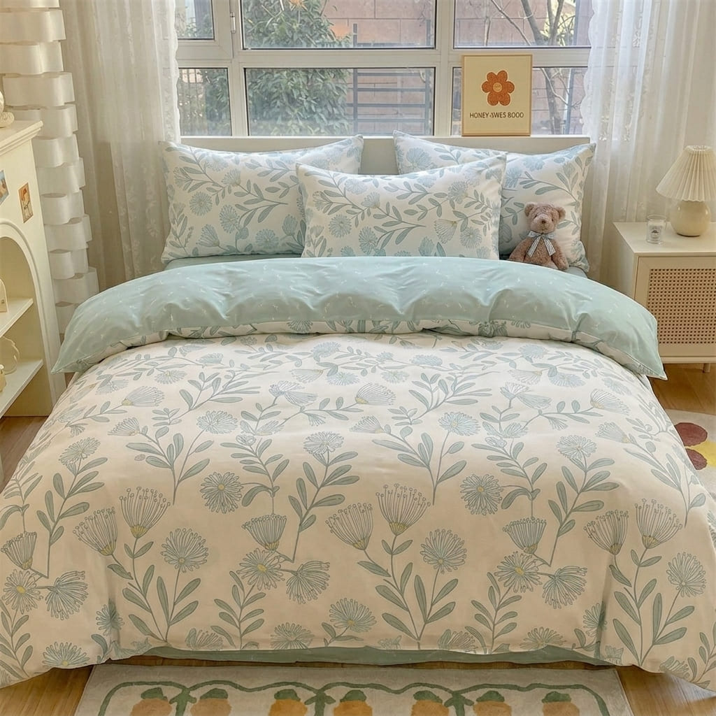 Blanc Cotton Set | Premium Cotton Duvet Cover Set, 4-Piece Soft Breathable Hotel Bedding - Green Wind Chime