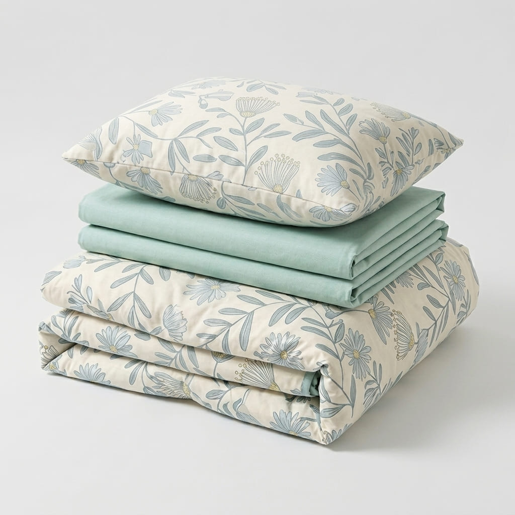 Blanc Cotton Set | Premium Cotton Duvet Cover Set, 4-Piece Soft Breathable Hotel Bedding - Green Wind Chime