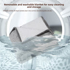Removable and washable blanket with washing machine illustration, text about ease of cleaning and storage.
