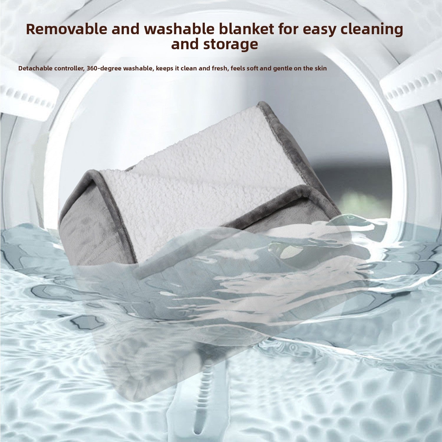 Removable and washable blanket with washing machine illustration, text about ease of cleaning and storage.