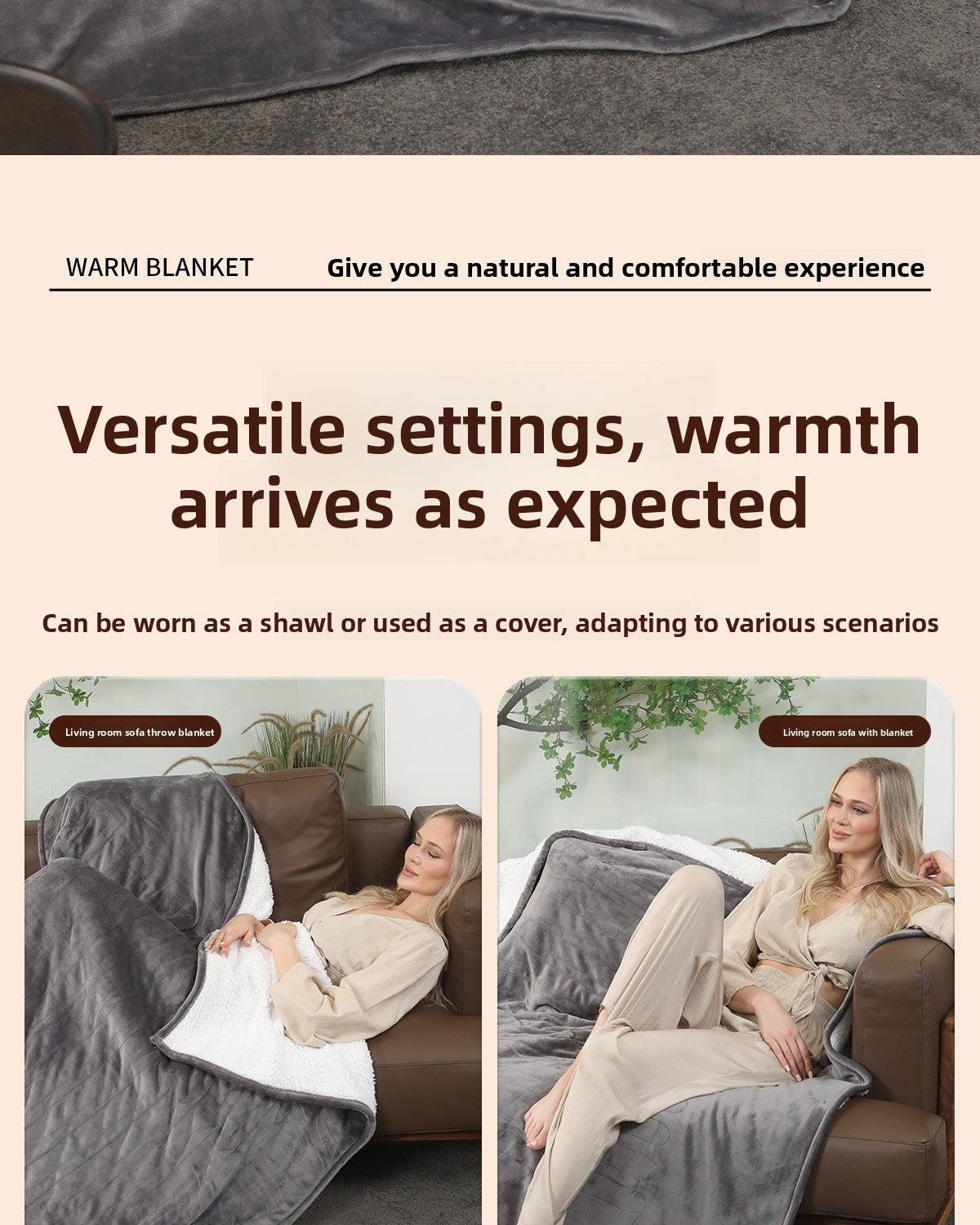 Chaleur Blanket | Heated Electric Blanket - Soft Wool Fabric, 5 Heat Settings, Luxury Warming Throw - Gray Color