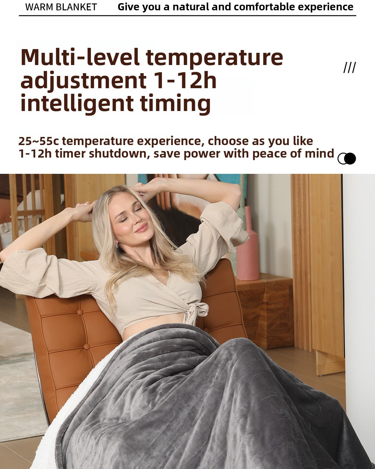Chaleur Blanket | Heated Electric Blanket - Soft Wool Fabric, 5 Heat Settings, Luxury Warming Throw - Gray Color