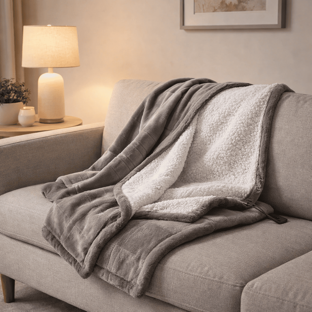 Chaleur Blanket | Heated Electric Blanket - Soft Wool Fabric, 5 Heat Settings, Luxury Warming Throw - Gray Color