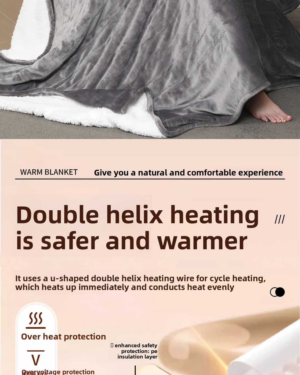 Chaleur Blanket | Heated Electric Blanket - Soft Wool Fabric, 5 Heat Settings, Luxury Warming Throw - Gray Color