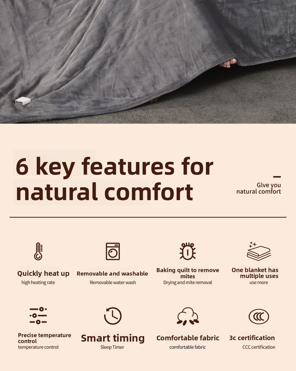 Chaleur Blanket | Heated Electric Blanket - Soft Wool Fabric, 5 Heat Settings, Luxury Warming Throw - Gray Color