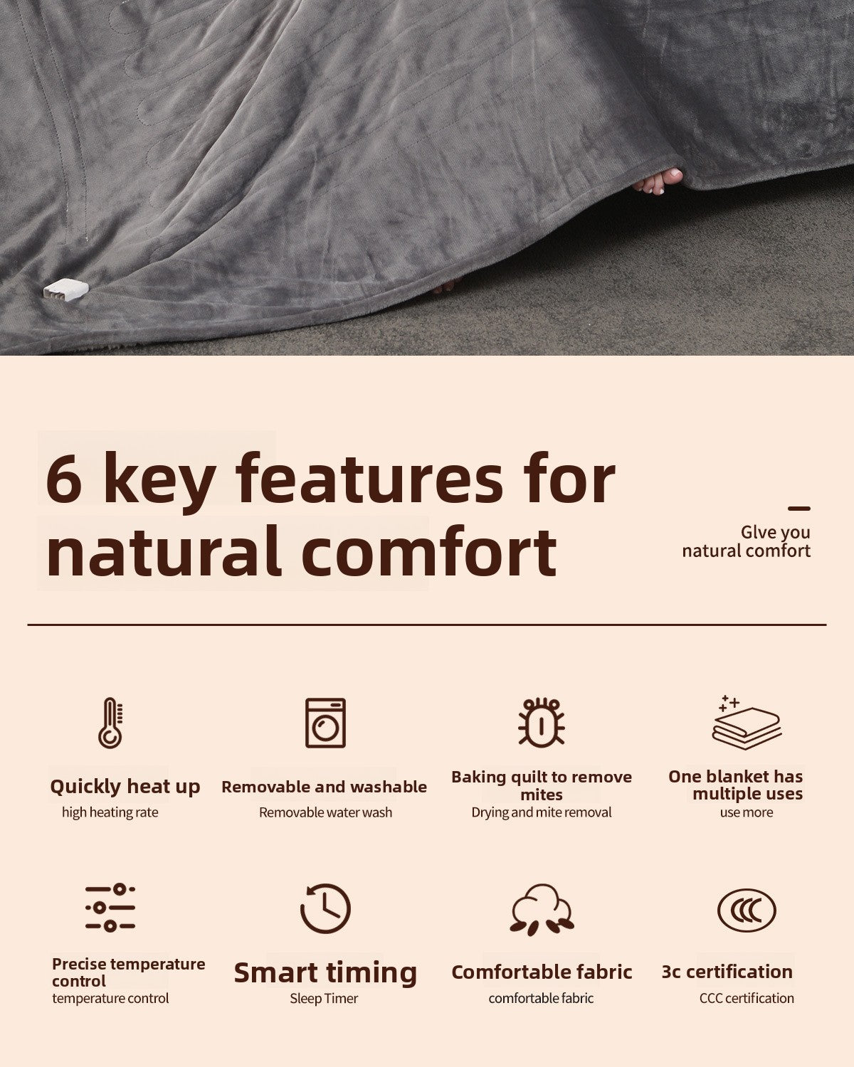 Chaleur Blanket | Heated Electric Blanket - Soft Wool Fabric, 5 Heat Settings, Luxury Warming Throw - Gray Color