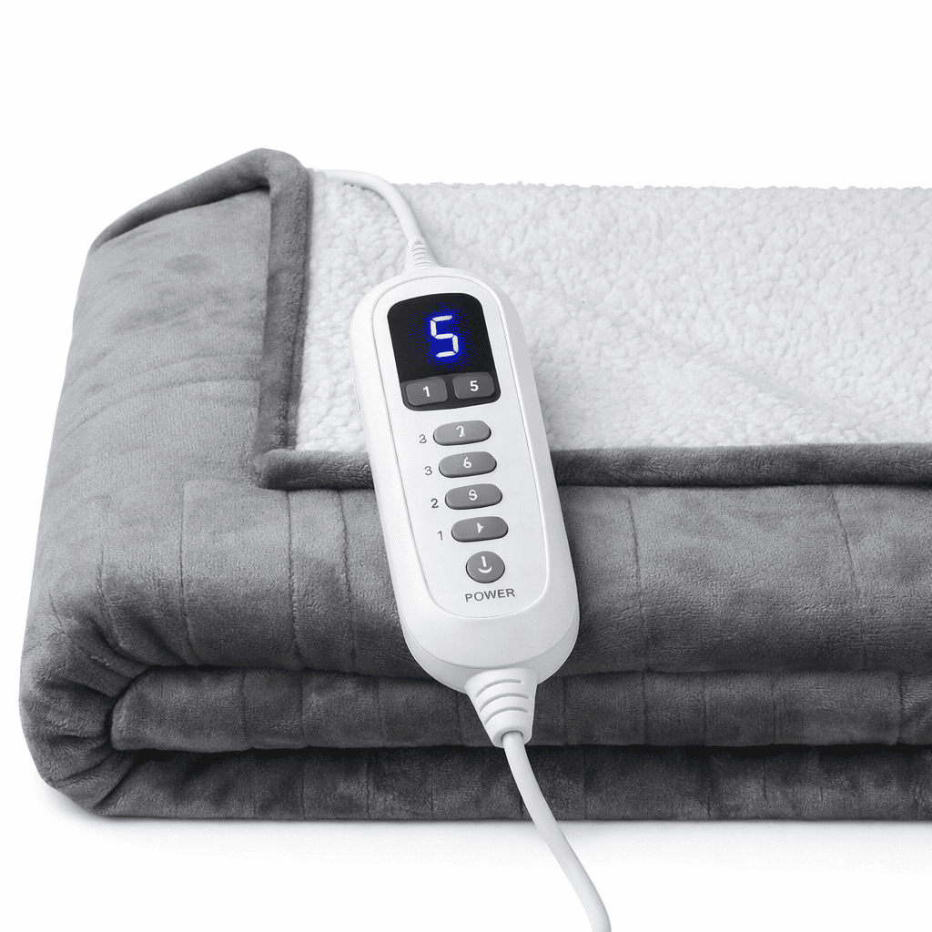 Chaleur Blanket | Heated Electric Blanket - Soft Wool Fabric, 5 Heat Settings, Luxury Warming Throw - Gray Color