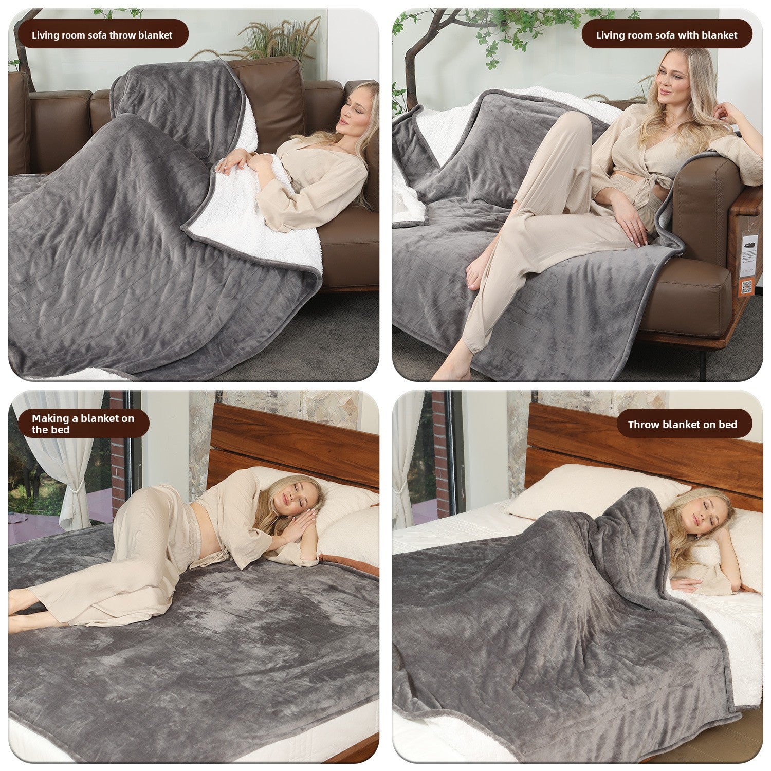 Chaleur Blanket | Heated Electric Blanket - Soft Wool Fabric, 5 Heat Settings, Luxury Warming Throw - Gray Color