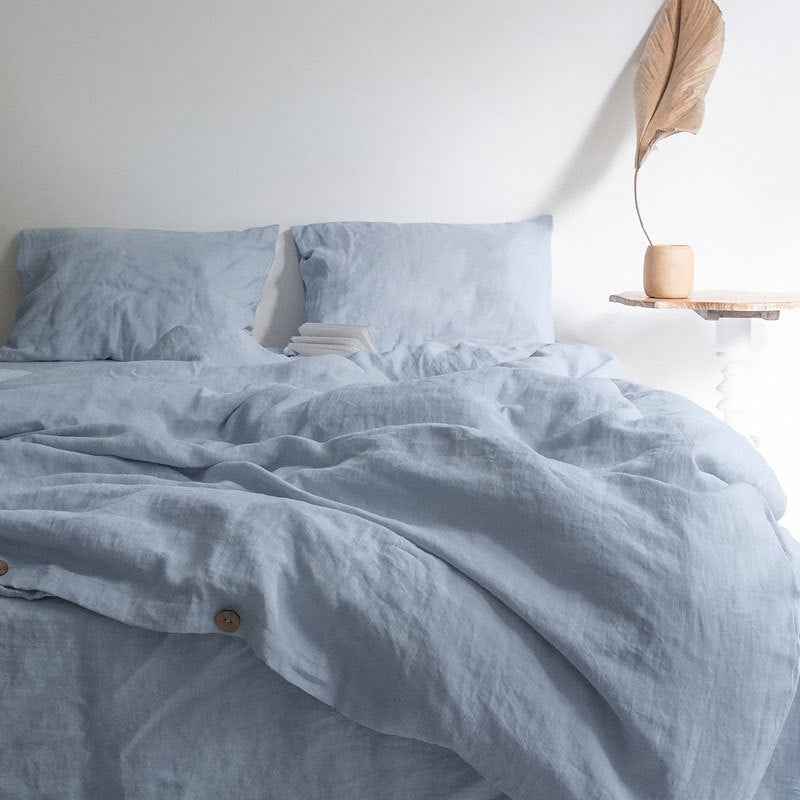 Chambord Linen Set | 100% French Linen Duvet Cover Set - Luxury Washed Linen Bedding - Yarn Dyed Blue Color 