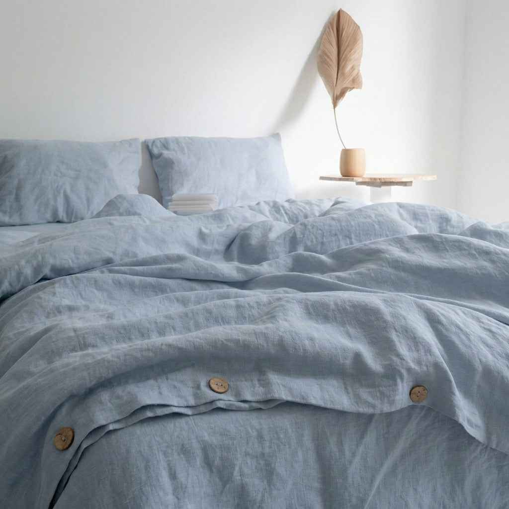 Chambord Linen Set | 100% French Linen Duvet Cover Set - Luxury Washed Linen Bedding - Yarn Dyed Blue Color 