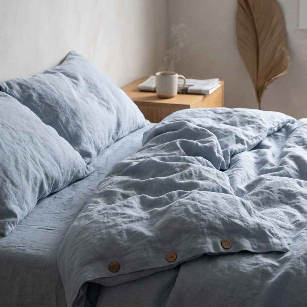 Chambord Linen Set | 100% French Linen Duvet Cover Set - Luxury Washed Linen Bedding - Yarn Dyed Blue Color 
