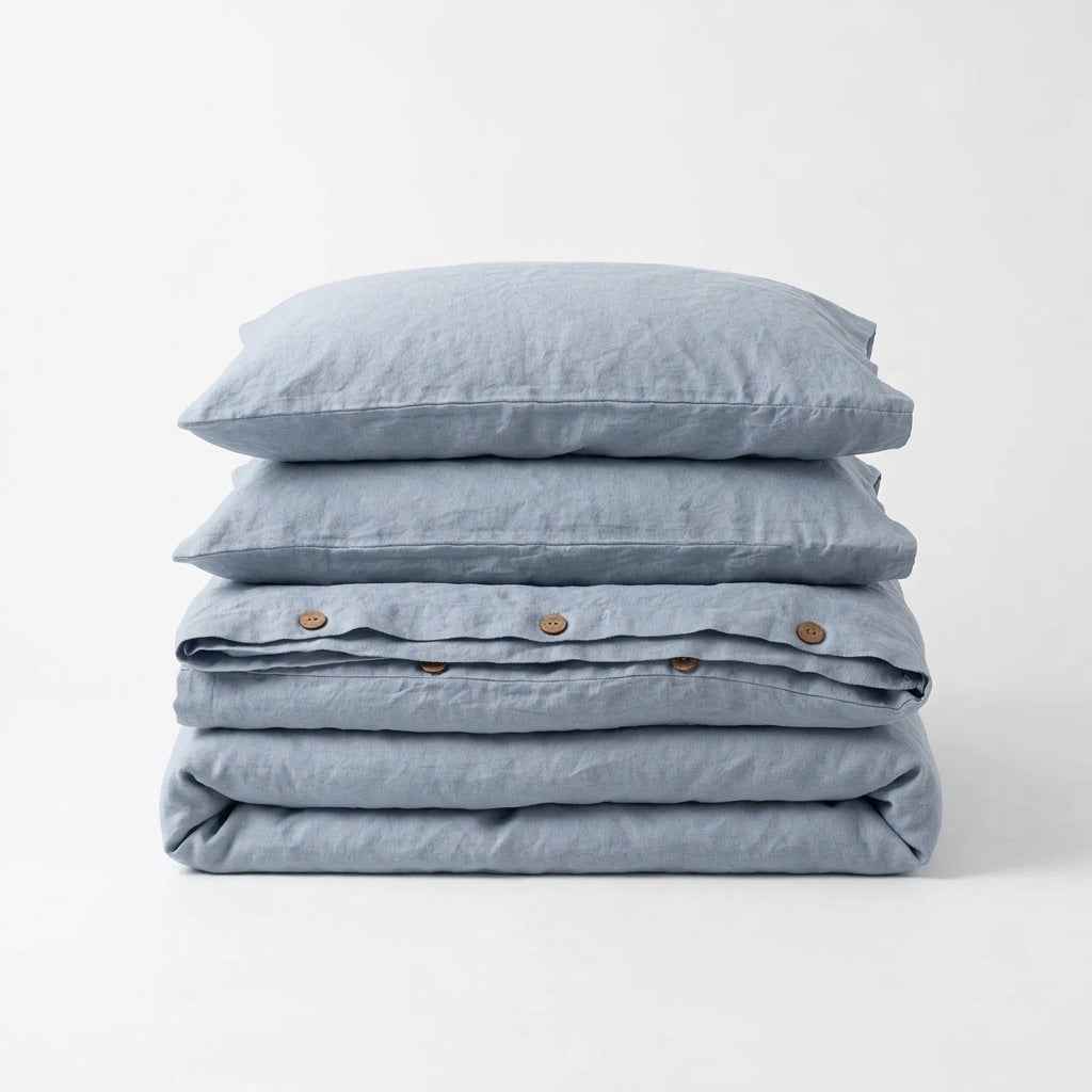 Chambord Linen Set | 100% French Linen Duvet Cover Set - Luxury Washed Linen Bedding - Yarn Dyed Blue Color 