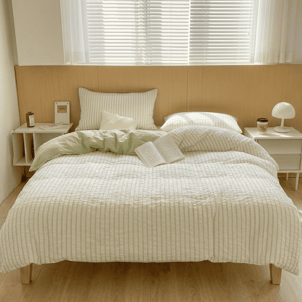 Noir Stripe Set | Washed Cotton Duvet Cover Set - Breathable 4-Piece Soft Stripe Bedding - Grass Green Color