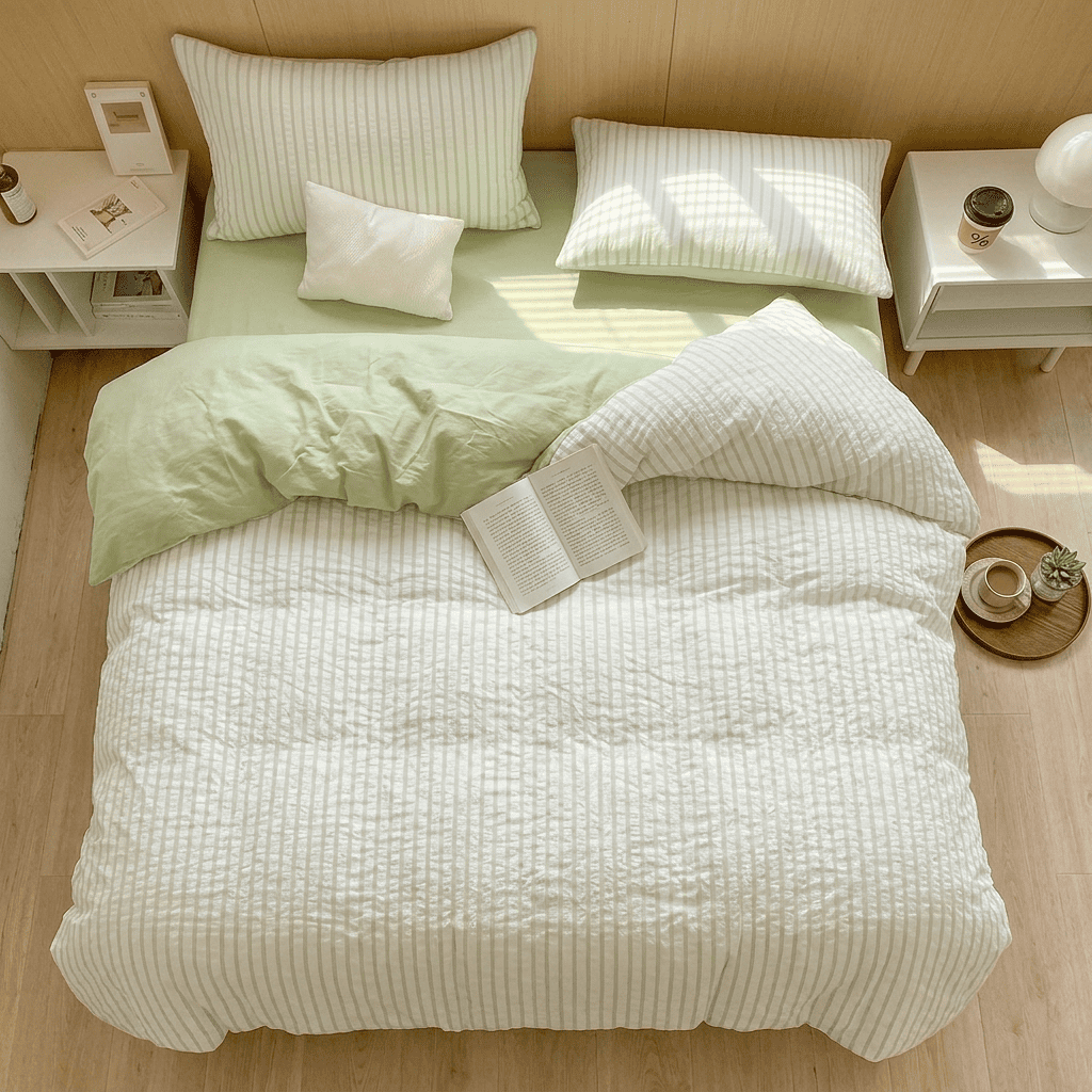 Noir Stripe Set | Washed Cotton Duvet Cover Set - Breathable 4-Piece Soft Stripe Bedding - Grass Green Color