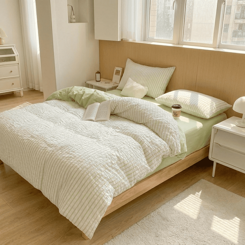 Noir Stripe Set | Washed Cotton Duvet Cover Set - Breathable 4-Piece Soft Stripe Bedding - Grass Green Color