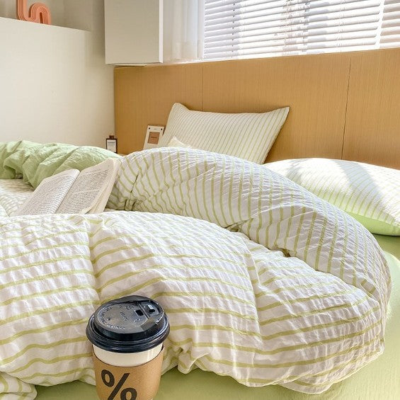 Noir Stripe Set | Washed Cotton Duvet Cover Set - Breathable 4-Piece Soft Stripe Bedding - Grass Green Color