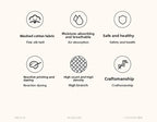 List of product features with icons and text on a white background