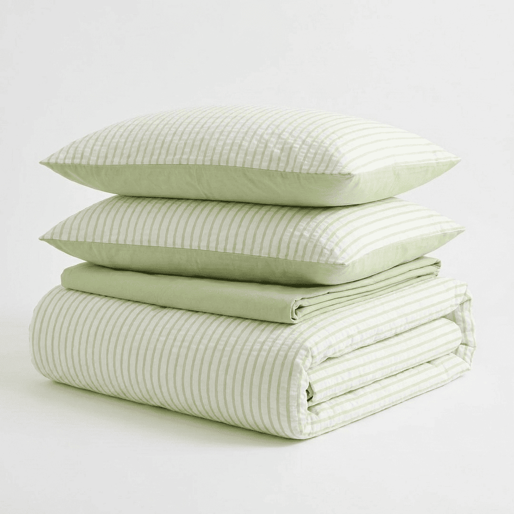 Noir Stripe Set | Washed Cotton Duvet Cover Set - Breathable 4-Piece Soft Stripe Bedding - Grass Green Color