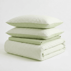 Noir Stripe Set | Washed Cotton Duvet Cover Set - Breathable 4-Piece Soft Stripe Bedding - Grass Green Color