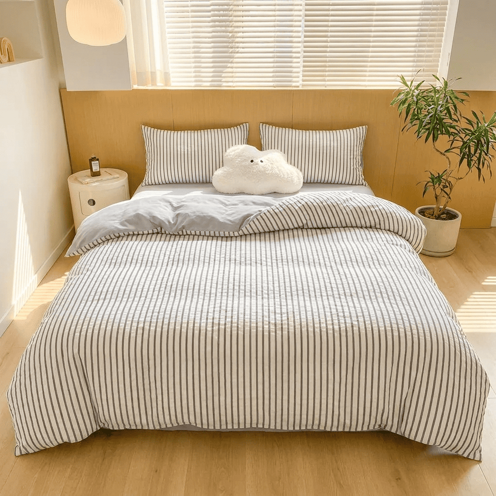 Noir Stripe Set | Washed Cotton Duvet Cover Set - Breathable 4-Piece Soft Stripe Bedding - Light Gray Color