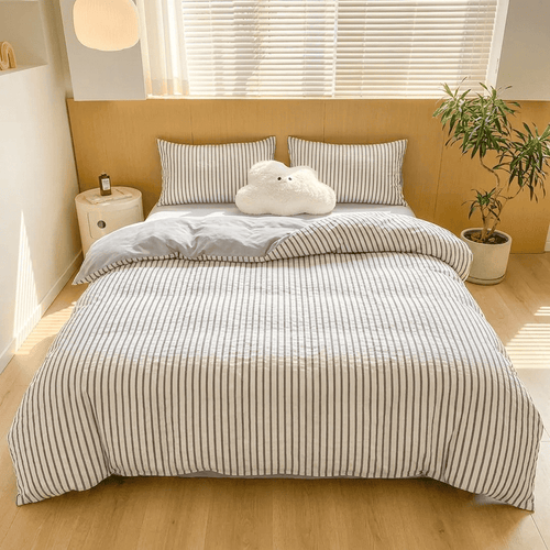 Noir Stripe Set | Washed Cotton Duvet Cover Set - Breathable 4-Piece Soft Stripe Bedding - Light Gray Color