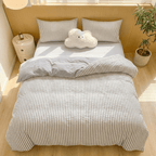 Noir Stripe Set | Washed Cotton Duvet Cover Set - Breathable 4-Piece Soft Stripe Bedding - Light Gray Color