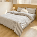 Noir Stripe Set | Washed Cotton Duvet Cover Set - Breathable 4-Piece Soft Stripe Bedding - Light Gray Color
