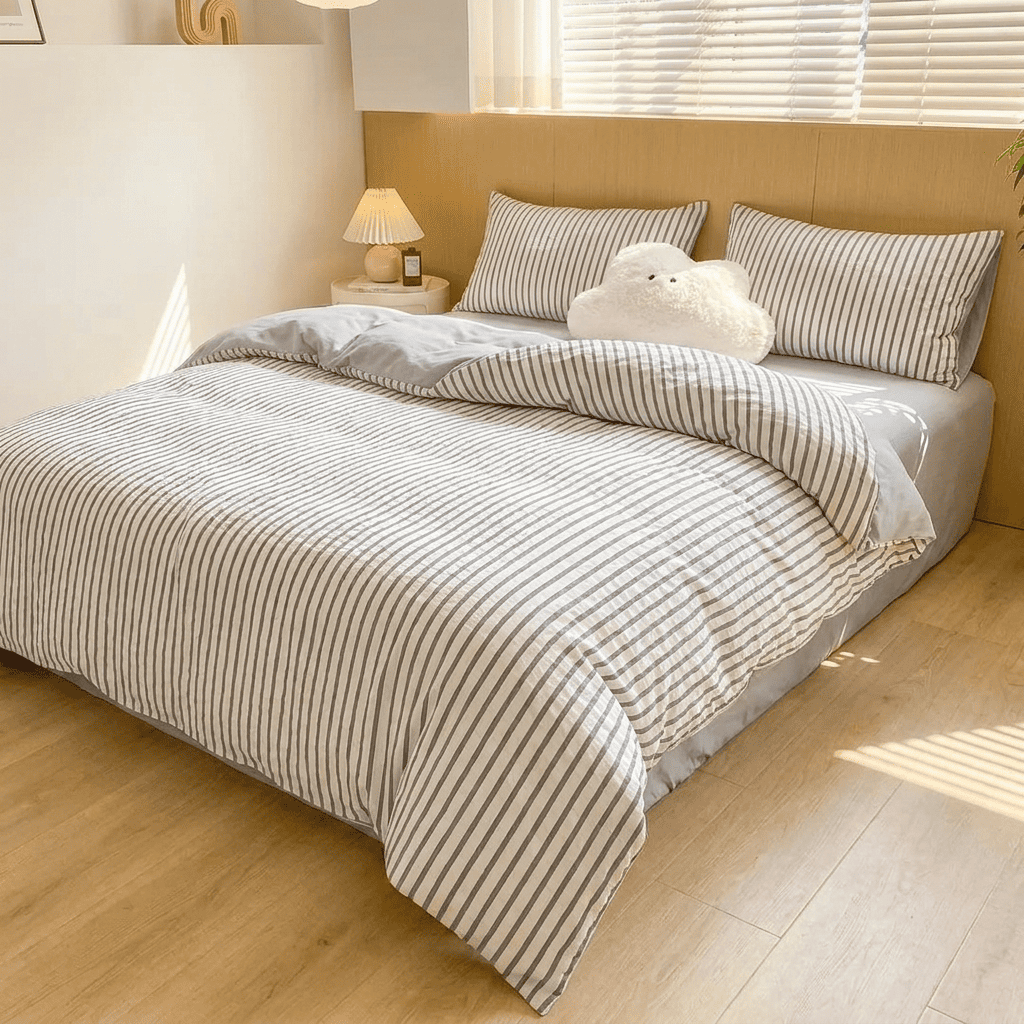 Noir Stripe Set | Washed Cotton Duvet Cover Set - Breathable 4-Piece Soft Stripe Bedding - Light Gray Color