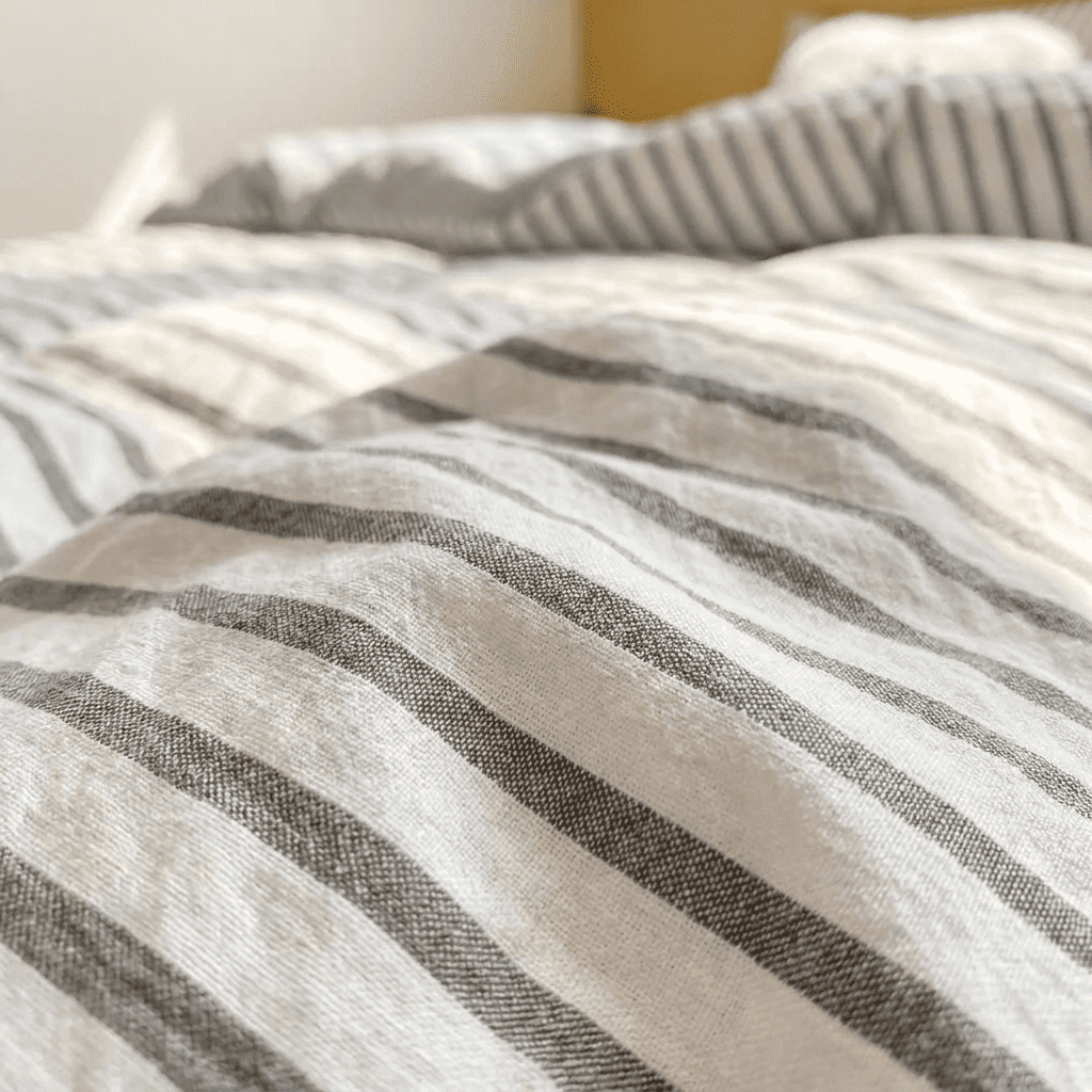 Noir Stripe Set | Washed Cotton Duvet Cover Set - Breathable 4-Piece Soft Stripe Bedding - Light Gray Color