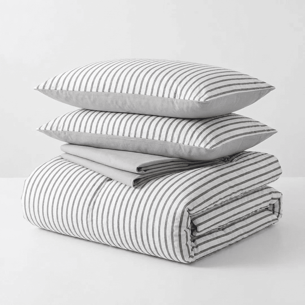 Noir Stripe Set | Washed Cotton Duvet Cover Set - Breathable 4-Piece Soft Stripe Bedding - Light Gray Color