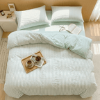 Noir Stripe Set | Washed Cotton Duvet Cover Set, Breathable 4-Piece Soft Stripe Bedding - Mint Green